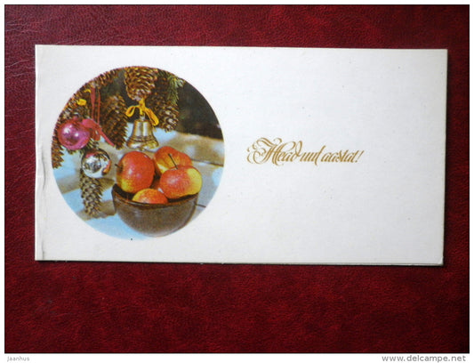 New Year mini greeting card - apples - decorations - bell - 1982 - Estonia USSR - used - JH Postcards