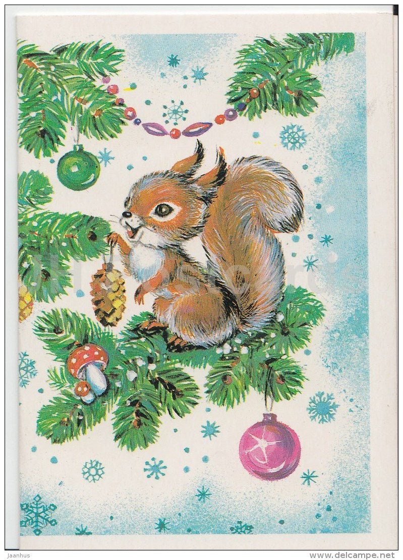 mini New Year greeting card by I. Firsanova - squirrel - decorations - 1988 - Russia USSR - unused - JH Postcards