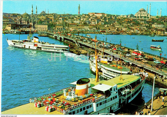 Istanbul - Galata Bridge - New Mosque - and Suleymaniye - ship - Celik - Turkey - unused - JH Postcards