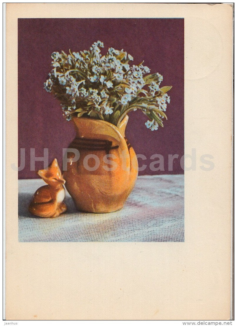 Blue Flowers in a vase - fox - flowers - postal stationery - 1965 - Russia USSR - used - JH Postcards