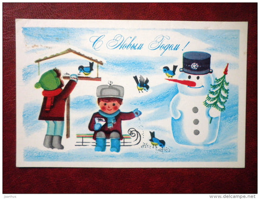 New Year Greeting card - by M. Bakushev - snowman - children - tits - 1979 - Russia USSR - used - JH Postcards