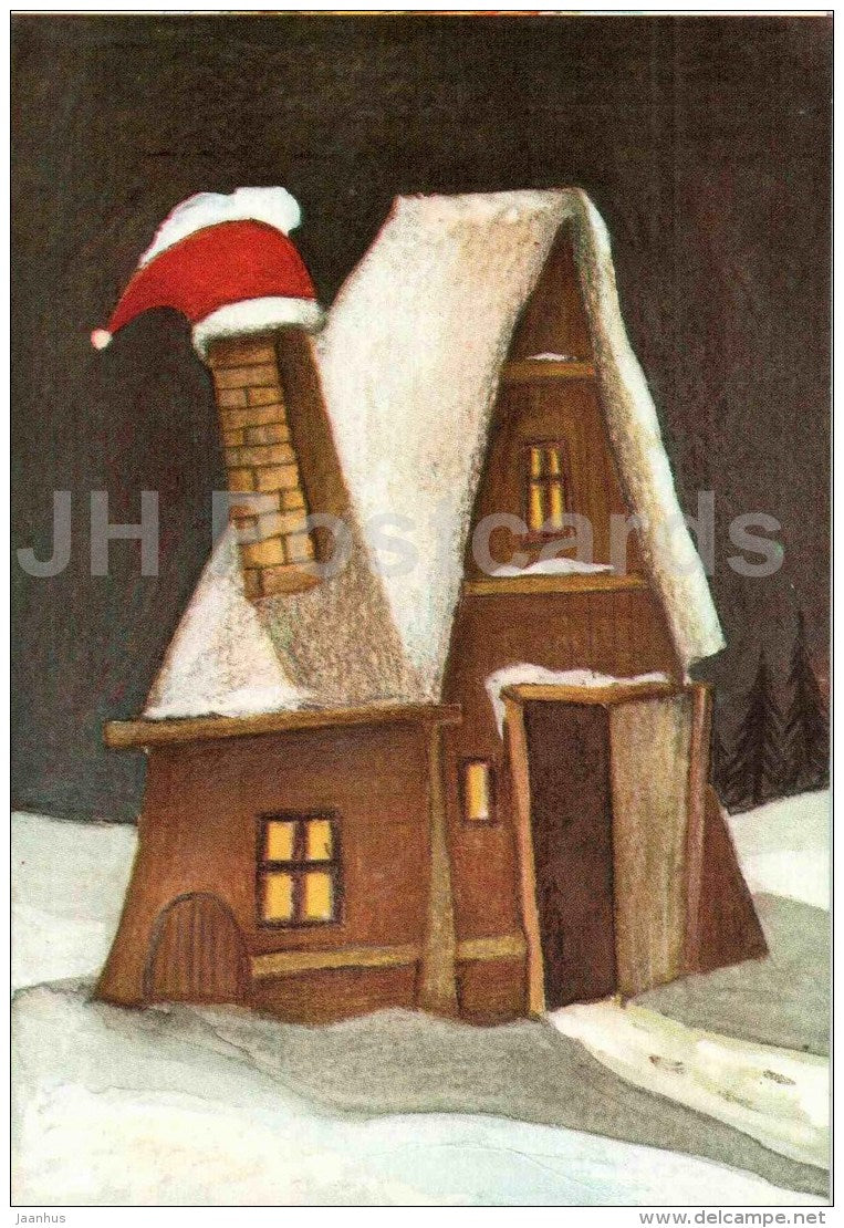 New Year Greeting card - illustration by J. Piho - 1 - house - winter - 1990 - Estonia USSR - unused - JH Postcards