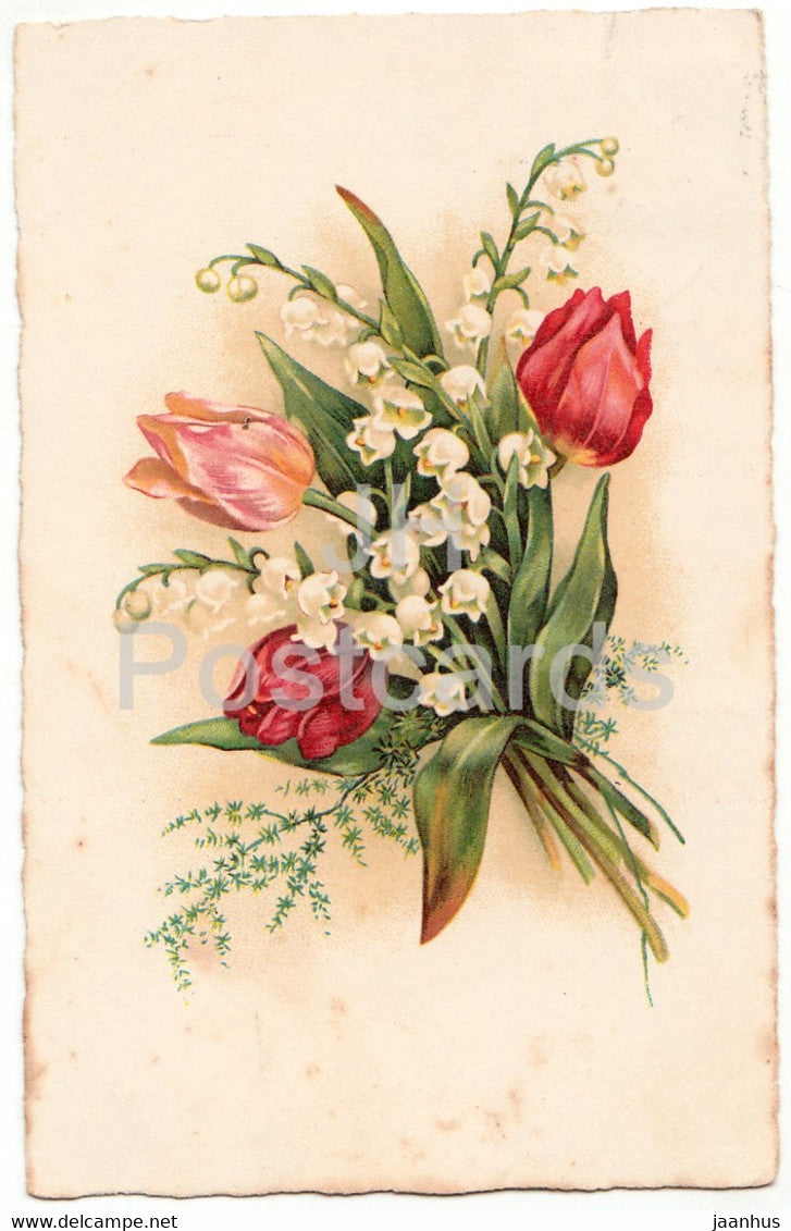 tulips - lily of the valley - flowers - illustration - Amag 2395 - old postcard - 1928 - used - JH Postcards