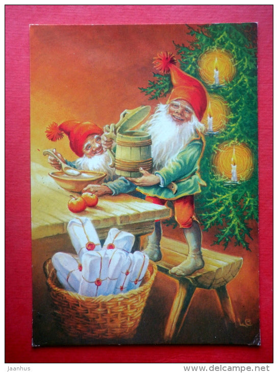 Christmas Greeting Card - elf - christmas tree - gifts - sent from Sweden to Estonia Tartu 1994 - JH Postcards