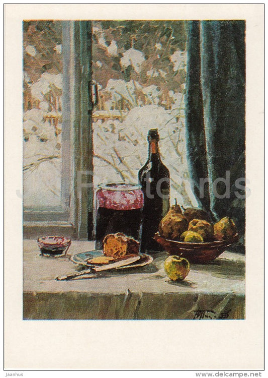 painting by Y. Podlyasky - Snow fell out , 1956 - window - pear - apple - Russian art - 1977 - Russia USSR - unused - JH Postcards