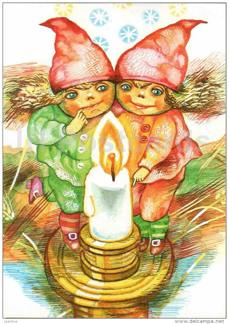 New Year Greeting card - illustration by Iivi Raudsepp , elves - candle - 1990 - Estonia USSR - unused - JH Postcards