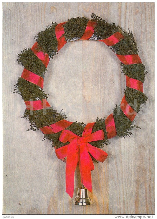 Christmas Greeting Card - wreath - bell - 1990 - Estonia USSR - unused - JH Postcards