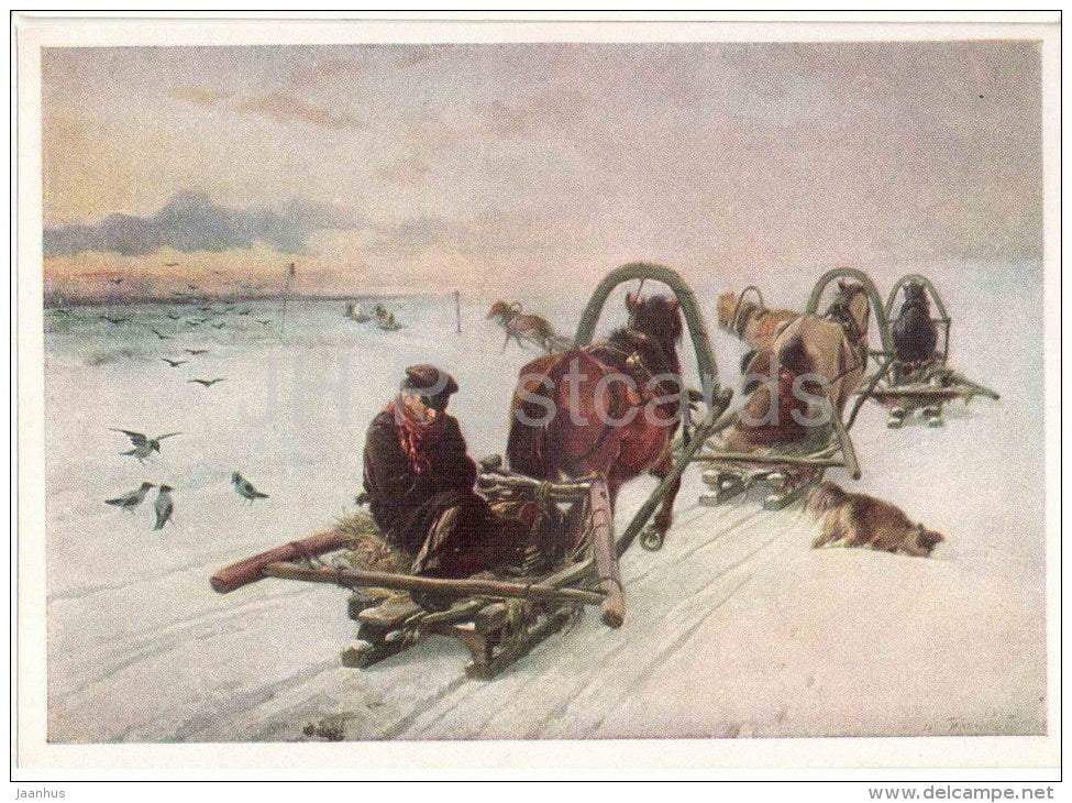 painting by I. Pryanishnikov - Carriage - horse - crow - dog - russian art - unused - JH Postcards