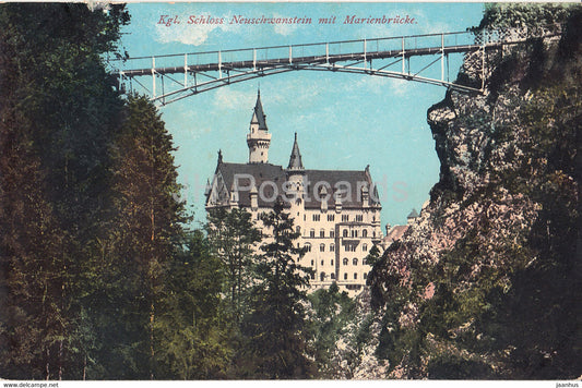 Kgl Schloss Neuschwanstein mit Marienbrucke - castle - bridge - 9250 - old postcard - 1909 - Germany - used - JH Postcards