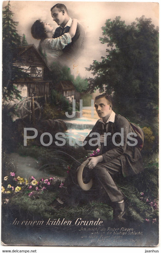 In einem kuhlen Grunde - couple - woman and man - old postcard - Germany - unused - JH Postcards