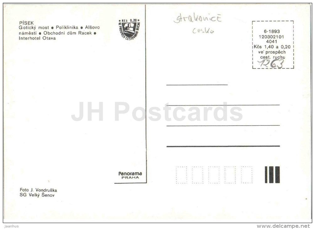 Pisek - bridge - health center - store house Racek - interhotel Otava - Alsov square - Czechoslovakia - Czech - unused - JH Postcards