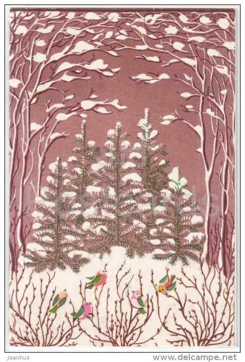 New Year Greeting Card by R. Biciumene - fir trees - winter forest - birds - 1979 - Lithuania USSR - used - JH Postcards