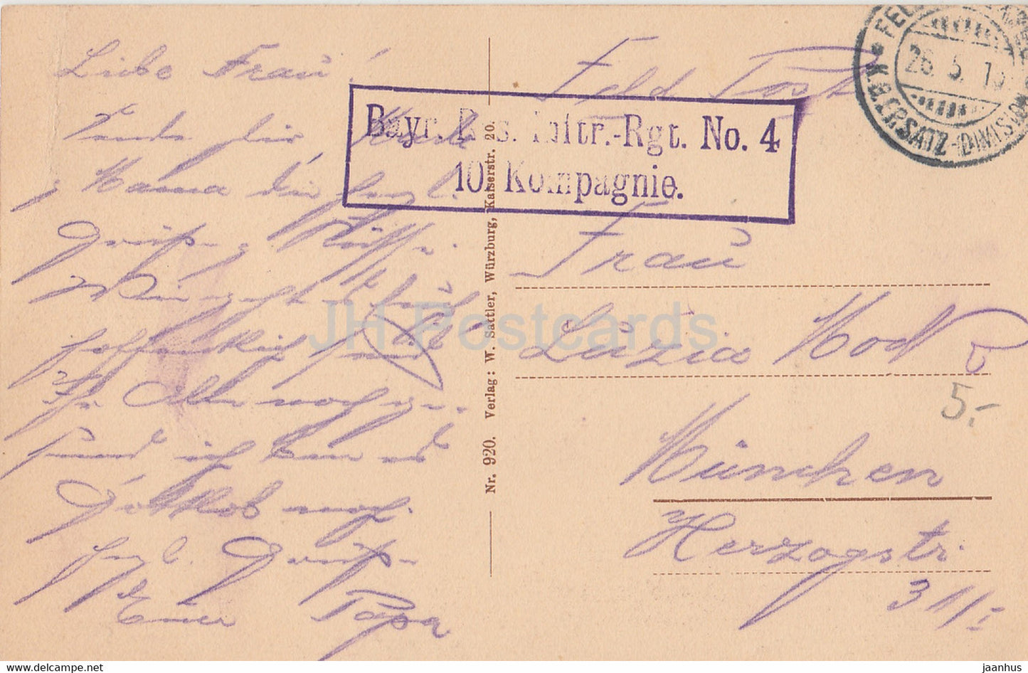 Wurzburg - Kgl Residenz - Ruckseite - Feldpost - Inft Rgt No. 4 10 Kompagnie - 920 - old postcard - Germany - used