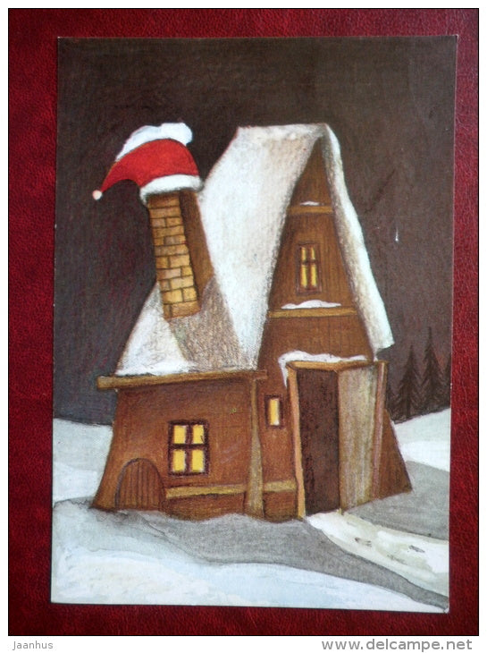 New Year Greeting card - illustration by Juss Piho - house - winter - 1990 - Estonia USSR - used - JH Postcards