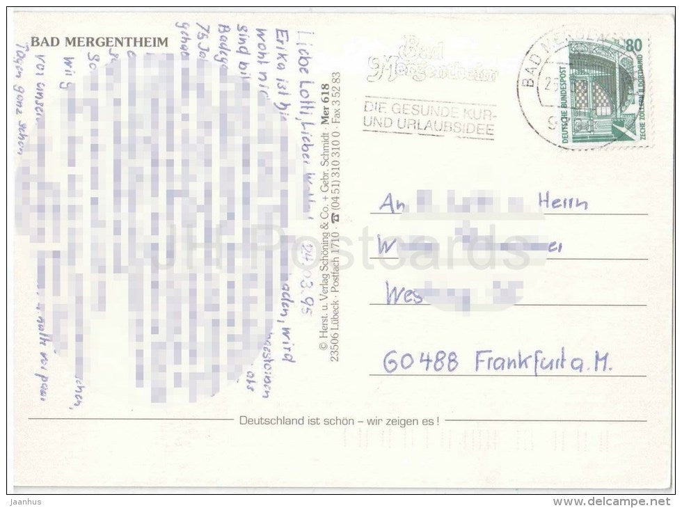 Grüsse aus Bad Mergentheim - Heilbad im romantischen Taubertal - Schlosskirche - Burgstrasse - Mer 618 - 1995 gelaufen - JH Postcards