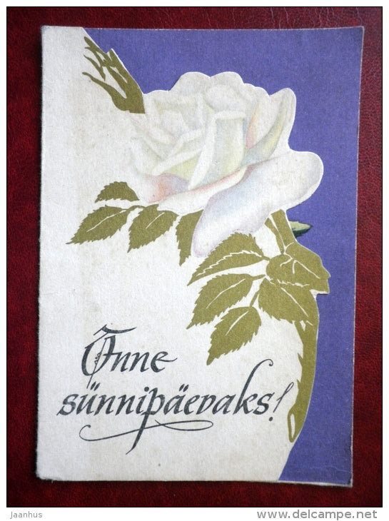 birthday greeting card - white rose - flowers - 1959 - Estonia USSR - used - JH Postcards