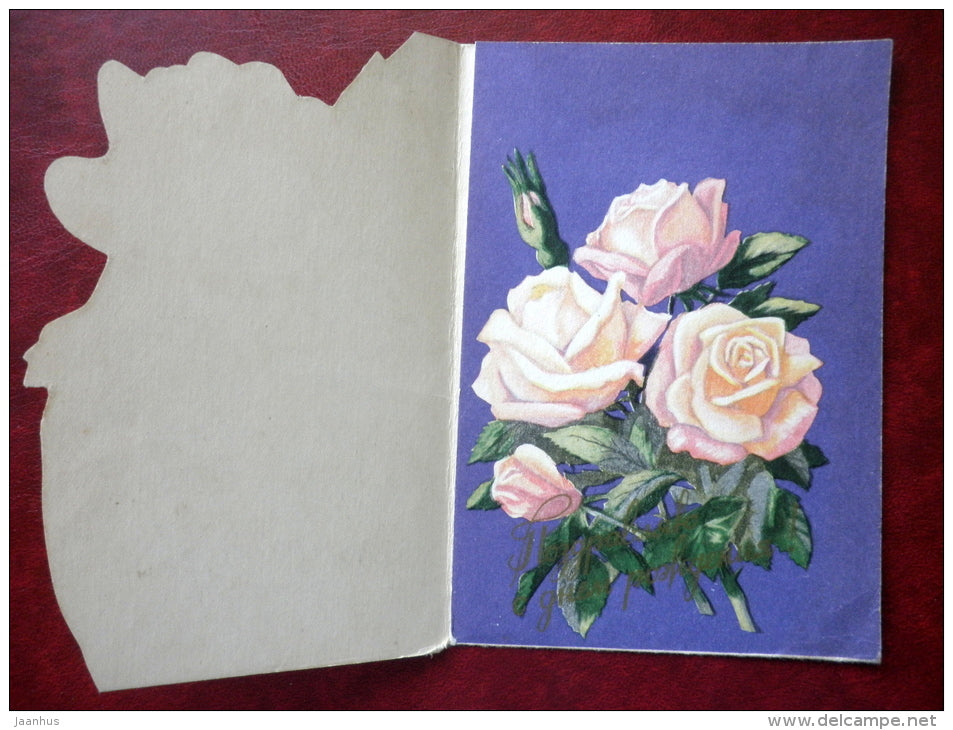 birthday greeting card - white rose - flowers - 1959 - Estonia USSR - used - JH Postcards