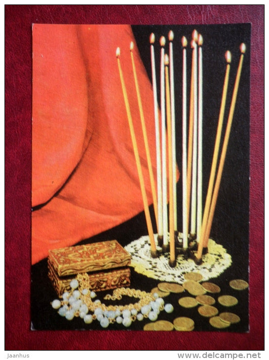 New Year Greeting card - candles - jewel box - coins - 1969 - Estonia USSR - unused - JH Postcards