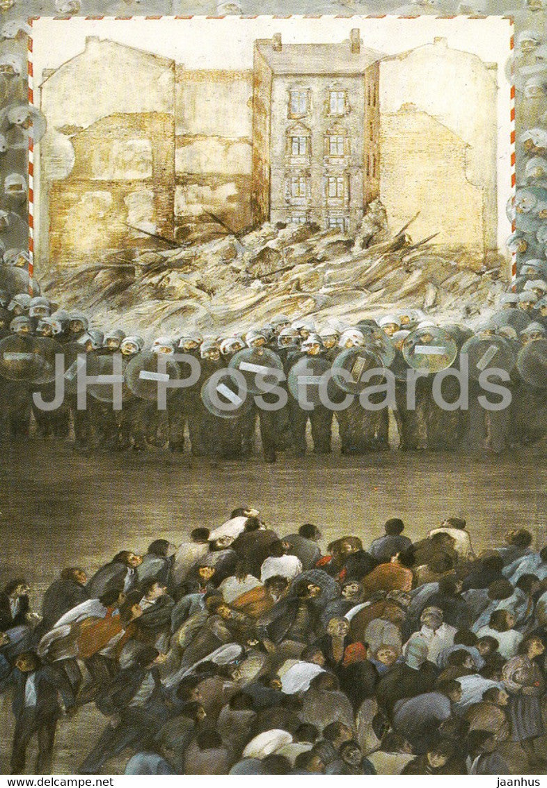 painting by Akbar Behkalam - Staatsgewalt 1981 - protests - German art - germany - unused - JH Postcards