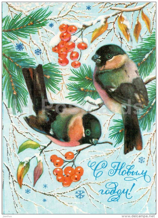 New Year Greeting Card by R. Dostyan - bullfinches - birds - rowan  AVIA - postal stationery - 1981 - Russia USSR - used - JH Postcards