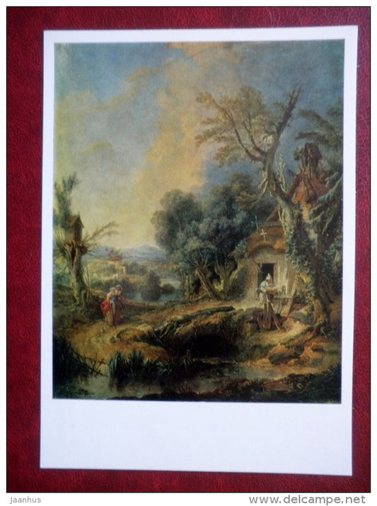 painting by Francois Boucher - Landscape a Hermit , 1742 - french art - unused - JH Postcards