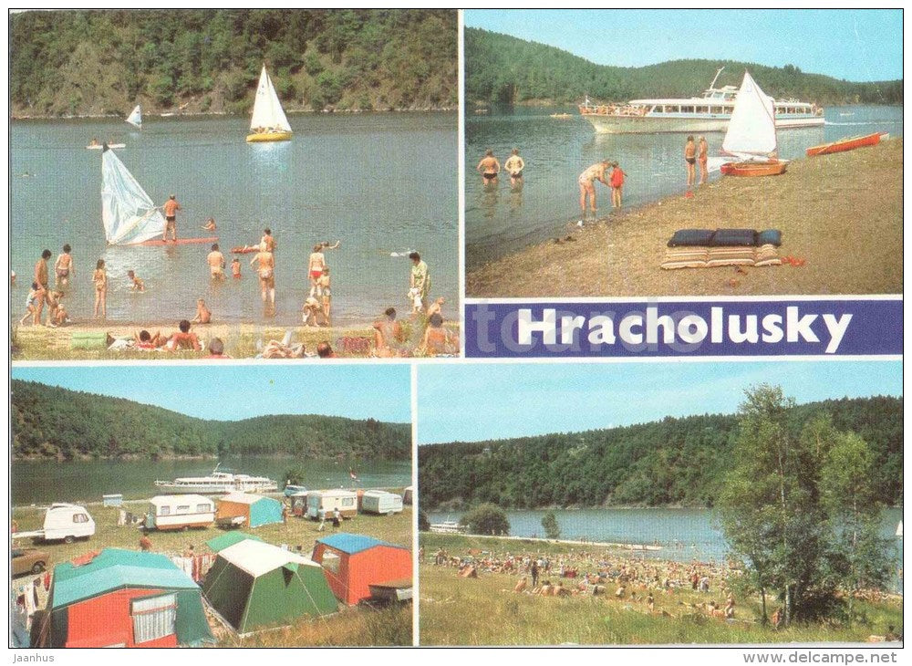 Hracholusky - sailing boat - passenger boat - camping area - beach - Czechoslovakia - Czech - unused - JH Postcards