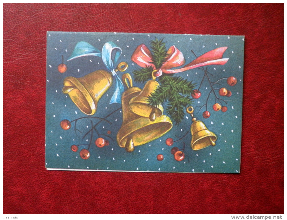 New Year Greeting mini card - bells - 1990 - Estonia USSR - used - JH Postcards