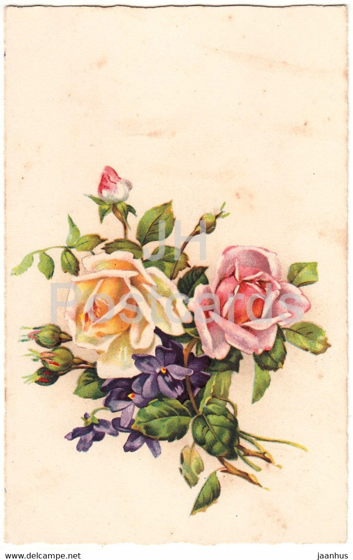 white pink roses - flowers - illustration - Amag 2391 - old postcard - used - JH Postcards