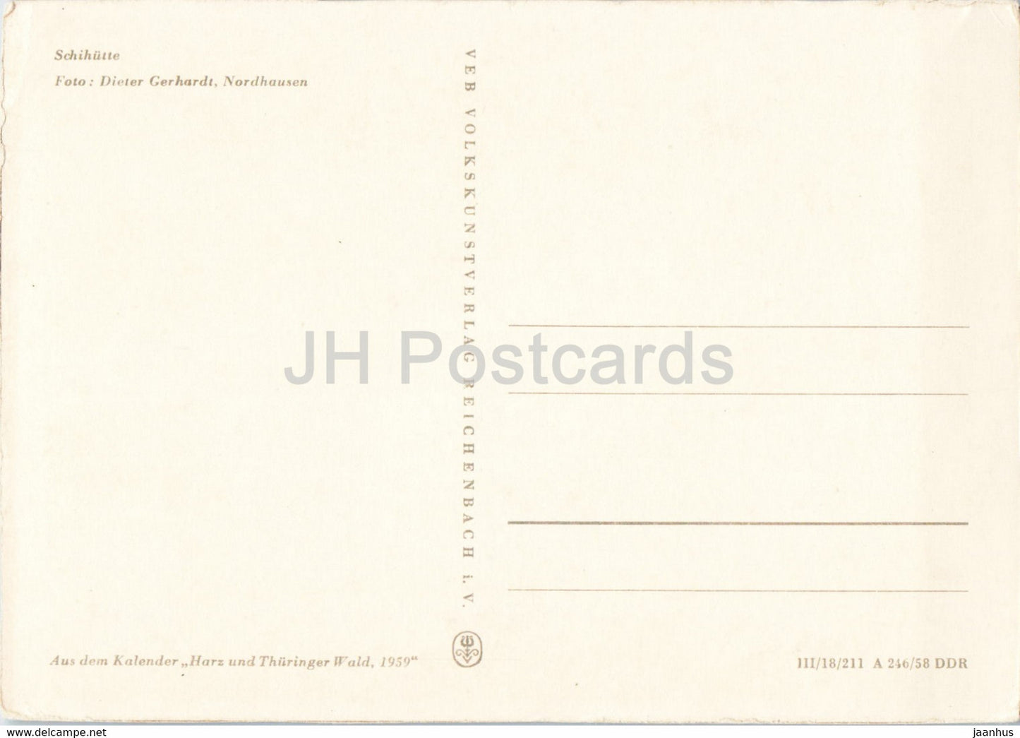 Schihutte - Harz und Thuringer Wald - carte postale ancienne - 1959 - Allemagne DDR - inutilisée