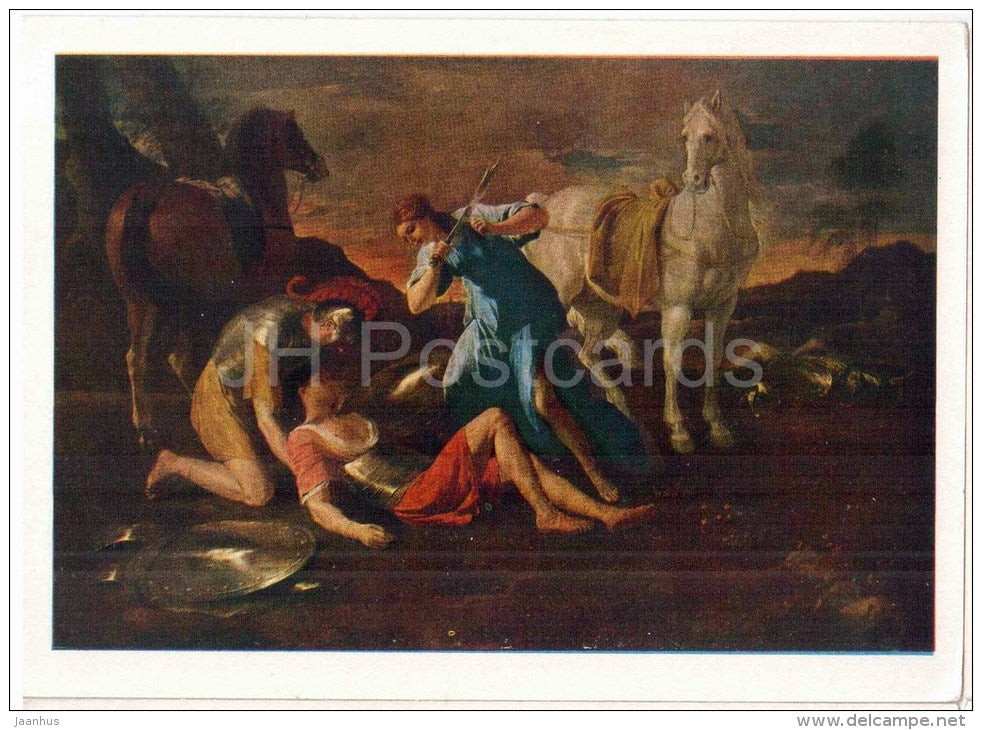 painting by Nicolas Poussin - Tancred and Erminia - horse - sword - french art - unused - JH Postcards