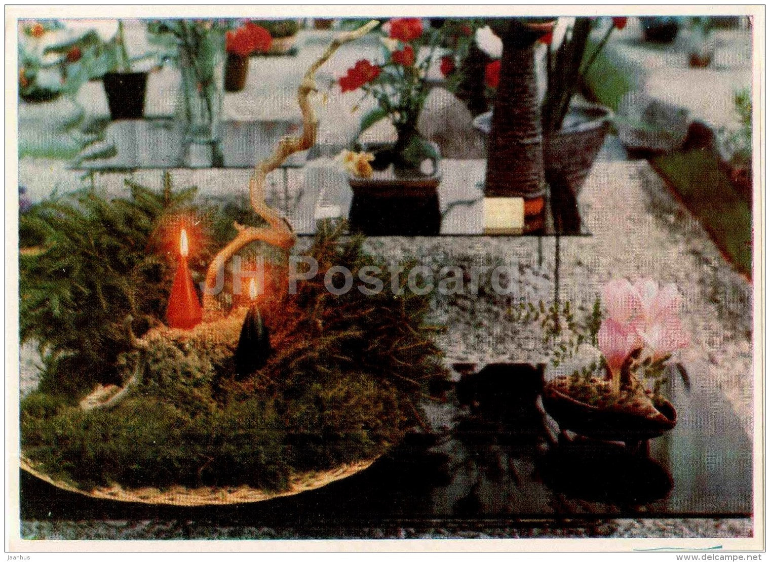 flower composition A Happy New Year - candle - 1963 - Lithuania USSR - unused - JH Postcards