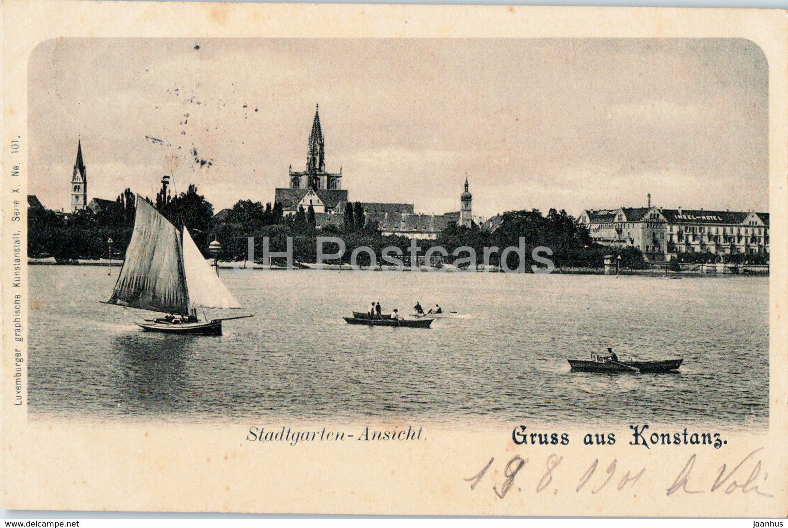 Gruss aus Konstanz - Stadtgarten Ansicht - sailing boat - old postcard - 1901 - Germany - used - JH Postcards