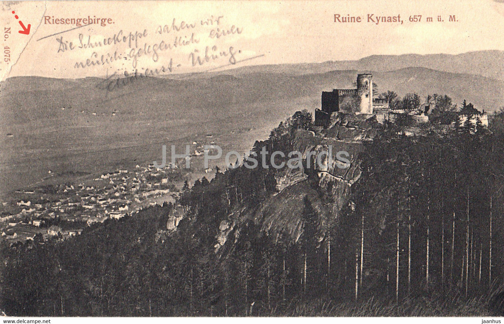 Riesengebirge - Ruine Kynast 657 m - Burg Kynast - Sniezne Kotly - 4075 - old postcard - 1915 - Poland - used - JH Postcards