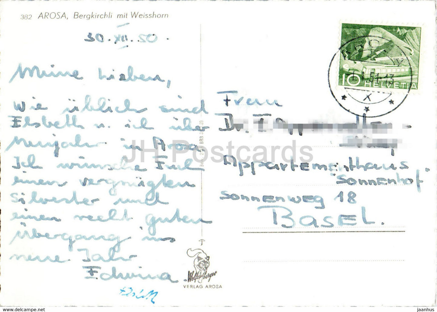 Arosa Bergkirchli mit Weisshorn - 382 - alte Postkarte - 1951 - Schweiz - gebraucht