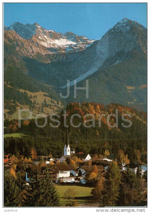 Fischen 760 m - Allgäu mit Nebelhorn und Rubihorn - church - mountains - 51/321 - 1992 gelaufen - JH Postcards