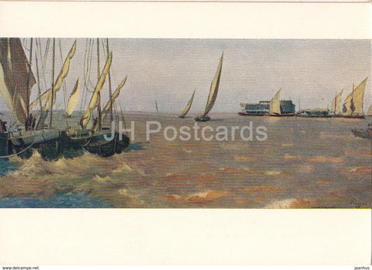 painting by Y. Romas - Spring is in full swing in the Caspian - boat - Russian art - 1956 - Russia USSR - unused - JH Postcards