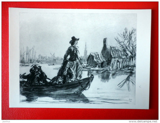 illustration by D. Shmarinov . Saardam - boat - Novel by A. Tolstoy Peter I - 1978 - Russia USSR - unused - JH Postcards