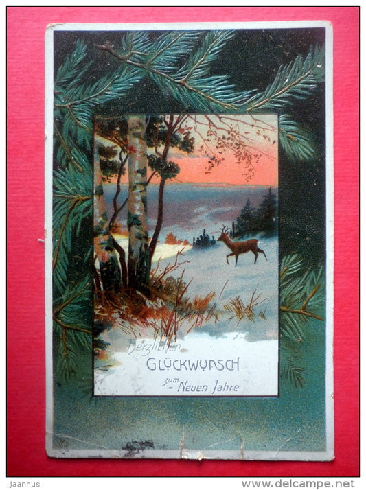 new year greeting card - spruce branch - deer - winter - circulated in Imperial Russia Estonia Wesenberg railway 1906 - JH Postcards