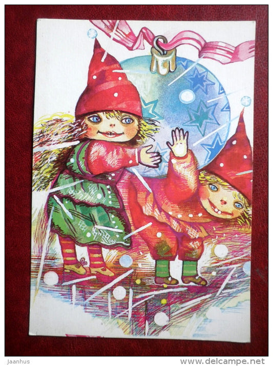 New Year Greeting card - children - decorations - 1990 - Estonia USSR - used - JH Postcards