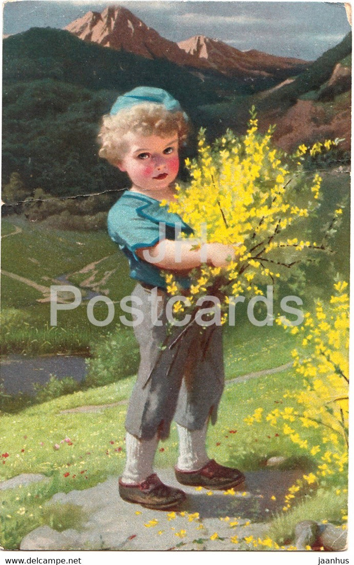 boy with flowers - illustration - old postcard - 1928 - used - JH Postcards