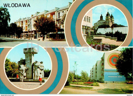 Wlodawa - Fragment Rynku - Poznobarokowy kosciol - pomnik - monument - church - Market Square  multiview - Poland - used - JH Postcards