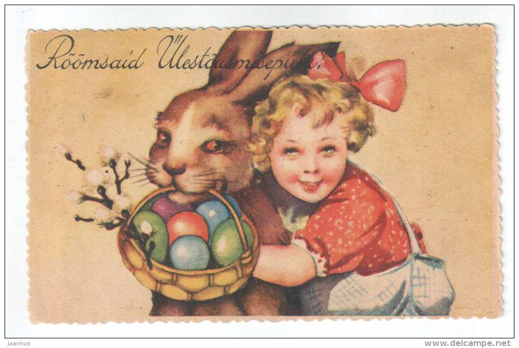 Easter Greeting Card - hare - eggs - girl - WO 1227 - 1920s-1930s - Estonia - used - JH Postcards