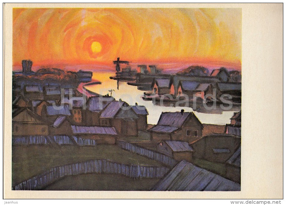 painting by V. Rogachev - Sunset on Vytegra river - Volgo-Balt - Russian art - Russia USSR - 1977 - unused - JH Postcards