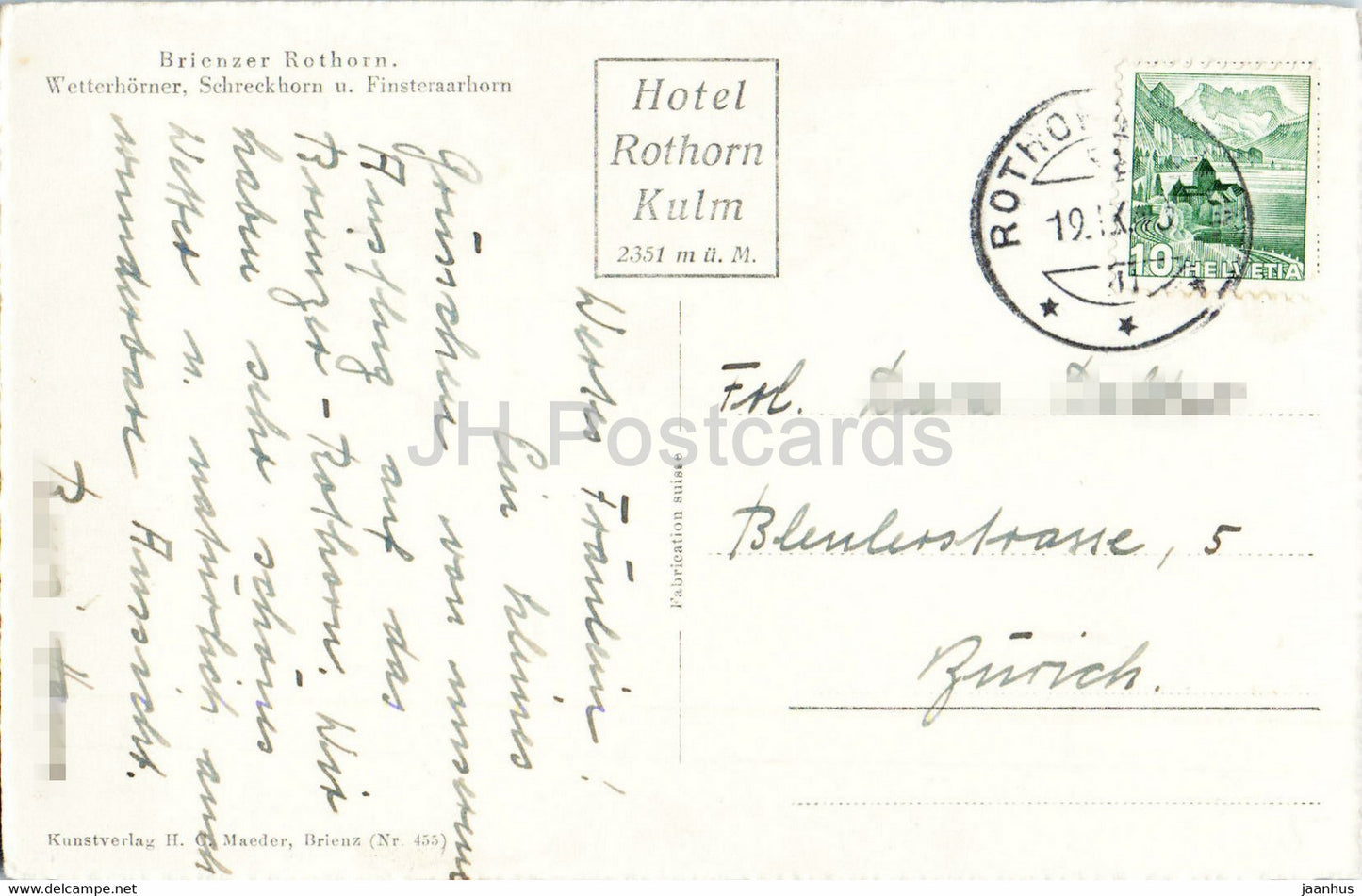 Brienzer - Rothorn  Wetterhorner - Schreckhorn - Finsteraarhorn - hotel Rothorn Kulm - old postcard - Switzerland - used