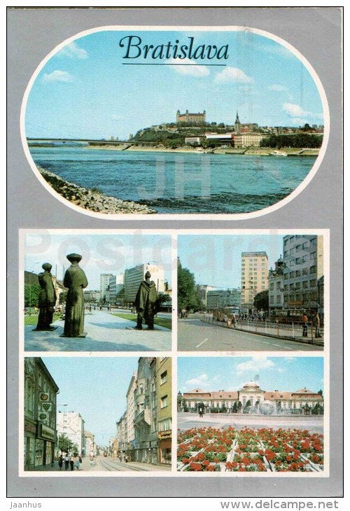 SNP monument - Obchodna street - tram Pioneer´s house - castle view - Bratislava - Czechoslovakia - Slovakia - use - JH Postcards