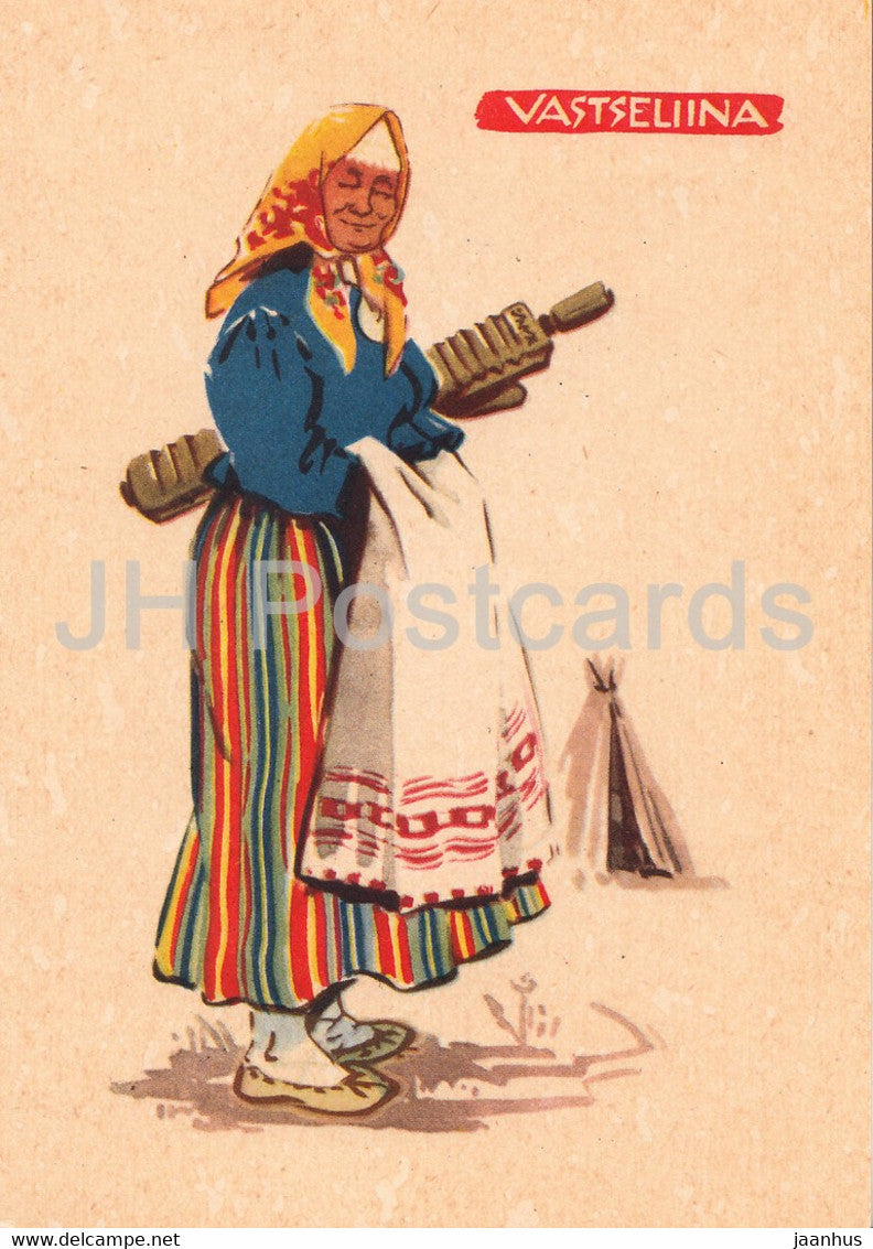 Estonian Folk Costumes - Vastseliina - illustration by A. Vender - 1960 - Estonia USSR - unused - JH Postcards