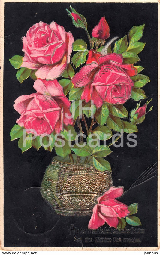 red roses in a vase - flowers - illustration - HWB SER 3855 - old postcard - 1912 - Germany - used - JH Postcards