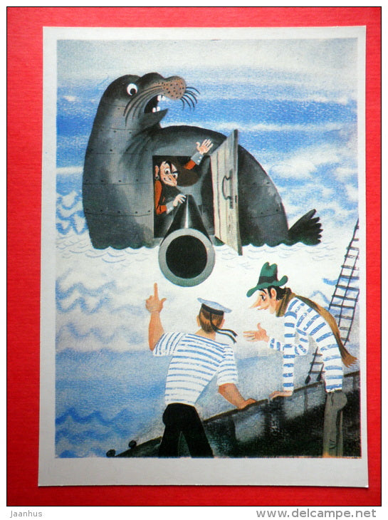 illustration by M. Belomlinsky - Sea Elephant by S. Saharnov - submarine - sailors - 1984 - Russia USSR - unused - JH Postcards