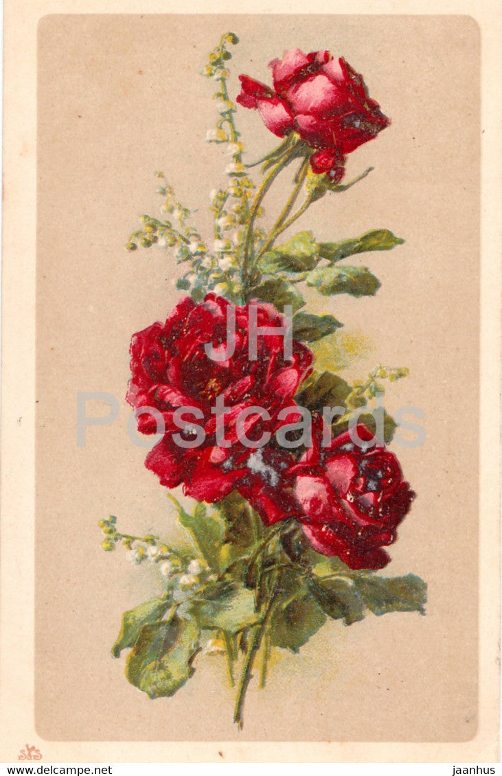 red roses - flowers - illustration - old postcard - France - used - JH Postcards