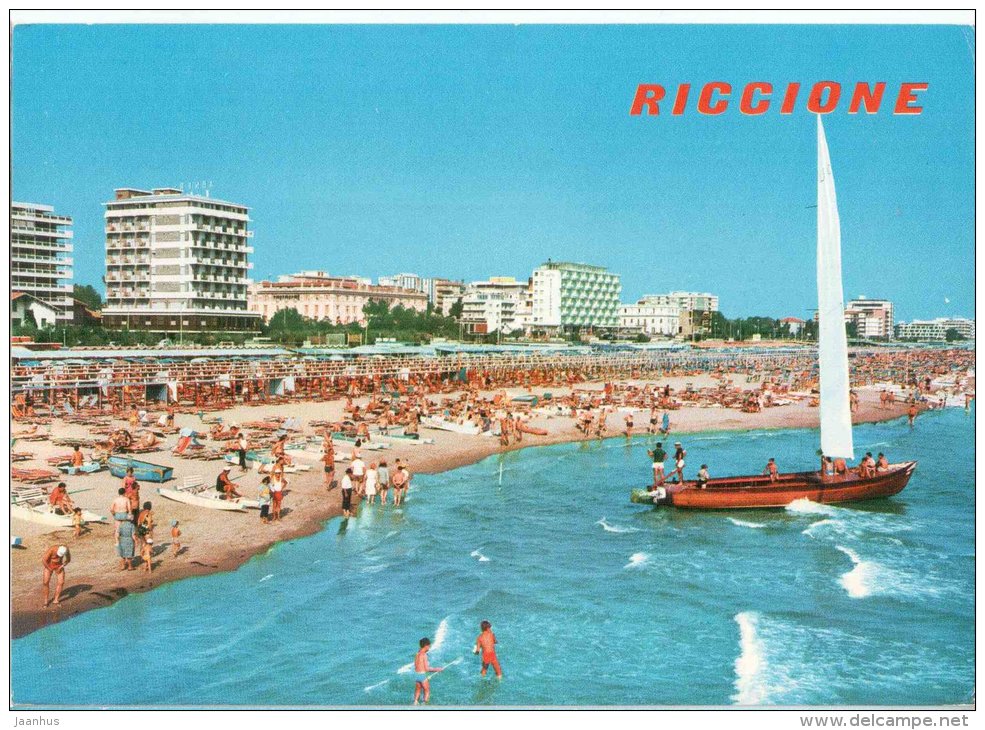 La Spiaggia - beach - sailing boat - Riccione - Emilia-Romagna - Italia - Italy - sent from Italy to Germany 1976 - JH Postcards